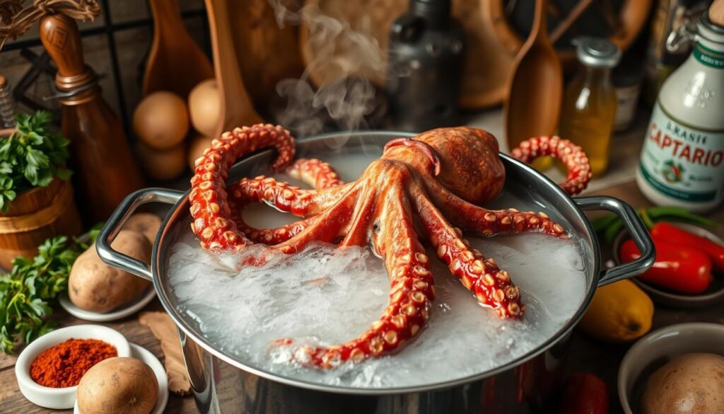 boiling octopus for pulpo a la gallega