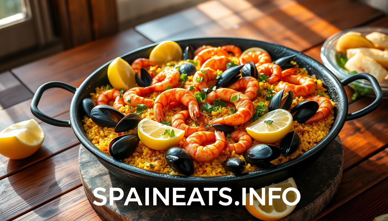 Seafood paella in a wide pan
